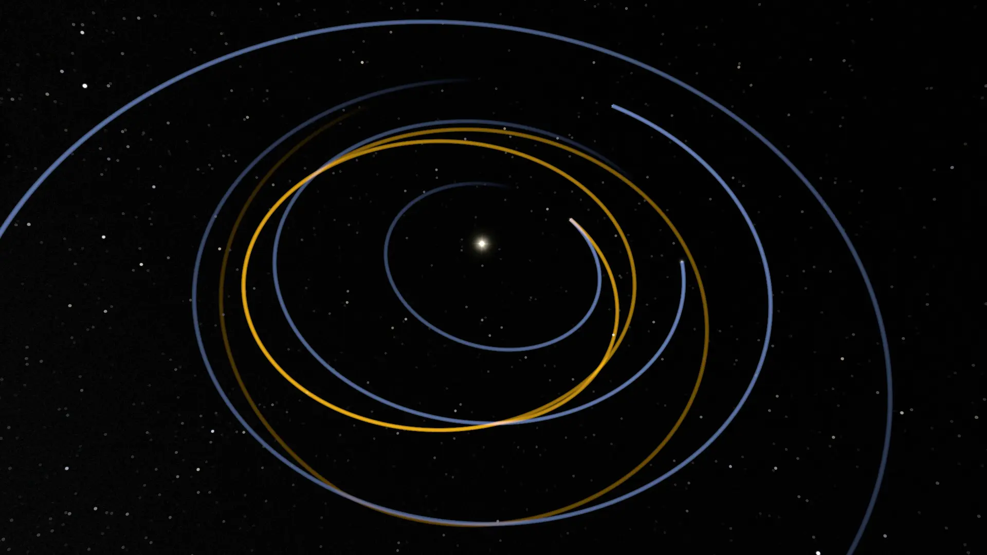 BepiColumbo inner solar system path 1920x1080 Visualization of BepiColombo's path through the inner solar system, demonstrating the multiple gravity assists the mission uses to achieve Mercury orbit insertion with minimal fuel cost. Visualization generated by Tau Immersive.
