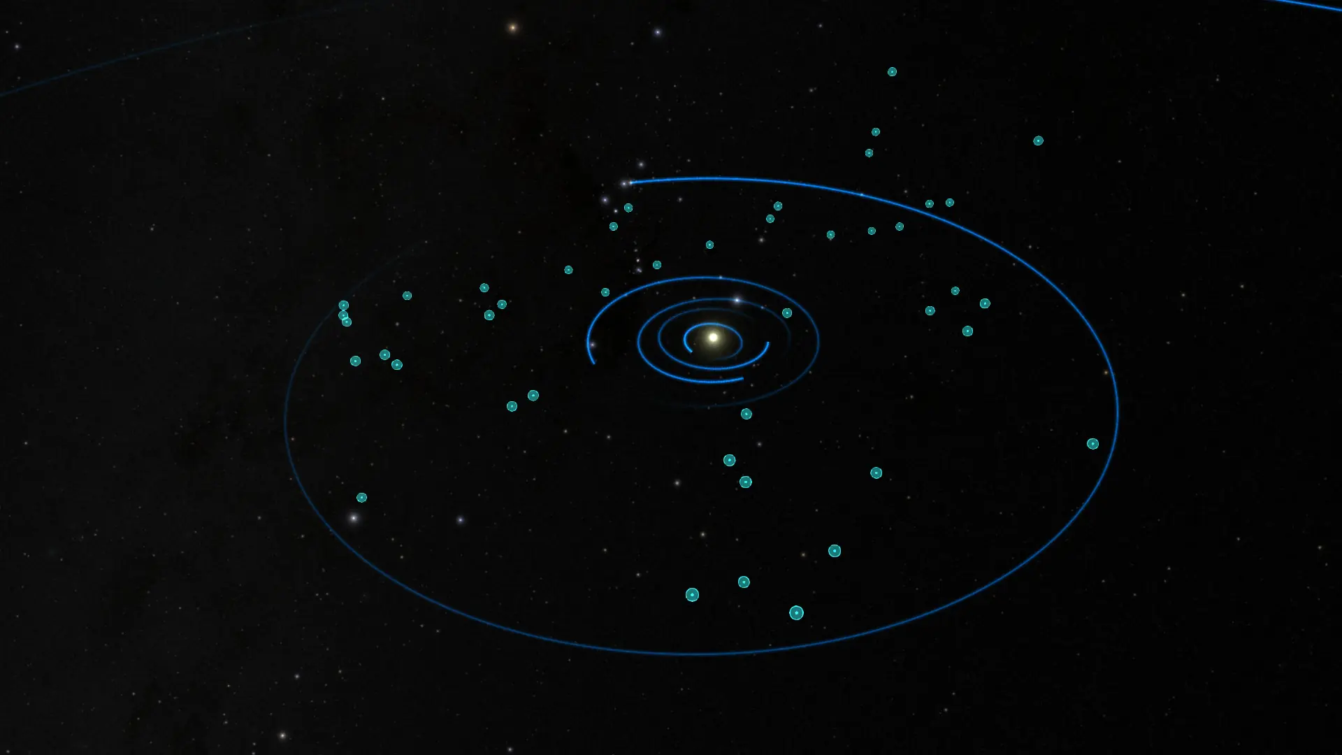 dtypes Visualization of the distribution of D-type asteroids in the solar system. D-type asteroids have a "reddish" color spectrum and are believed to be Kuiper Belt Objects from the outer solar system, rich in organic compounds, that migrated inwards.